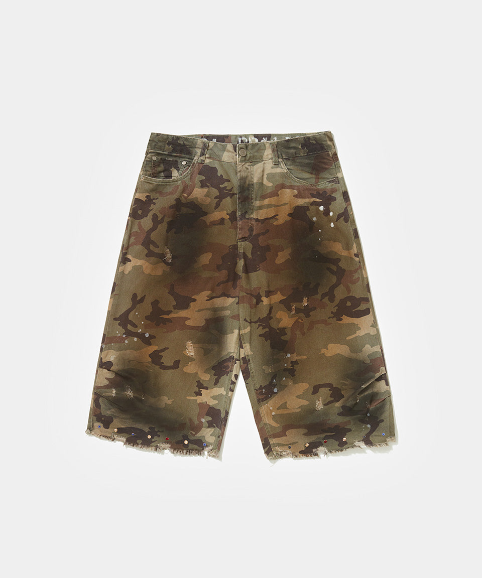 Distressed Capri Camo Trousers with Swarovski Crystals