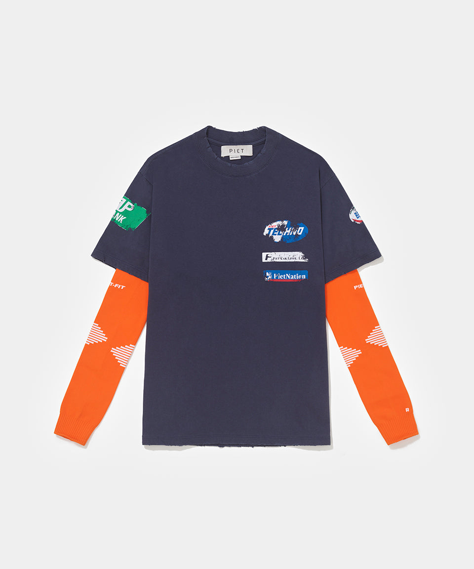 Piet F.C. Knitted Sleeve T-shirt - Navy/Orange