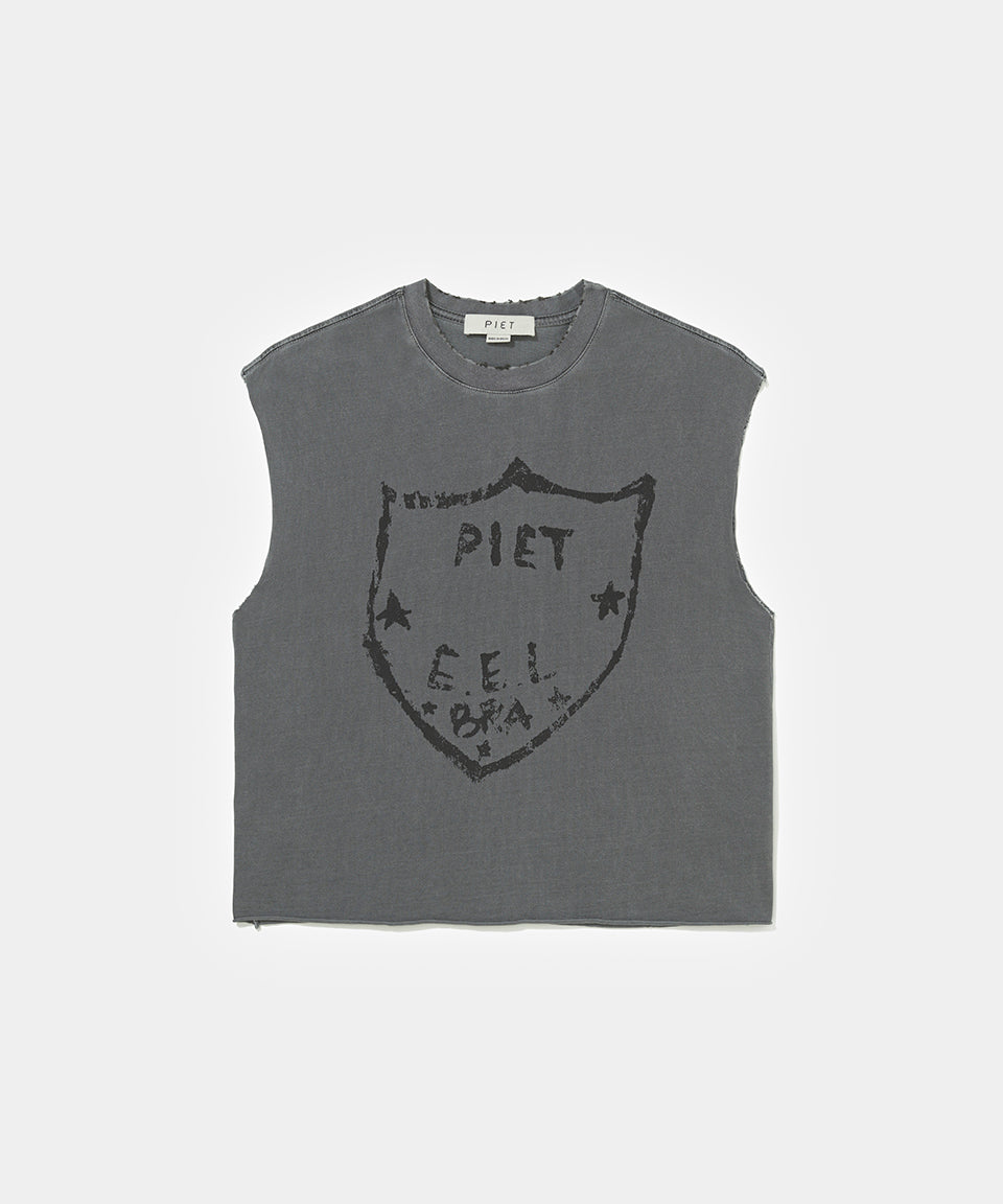 Emblem Raw Edge Oversized Tank Top - Vintage Black